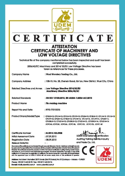 चीन Wuxi Wondery Industry Equipment Co., Ltd प्रमाणपत्र